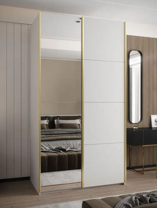 Kleiderschrank / Schiebetürenschrank | 2 Schiebetürenschränke | 245,5 x 130 x 64 cm | 6 Fächer | Soft-Close | 2 Kleiderstangen | Farbe: Weiß | Spiegel