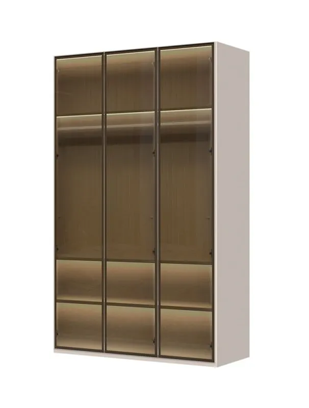 Kleiderschrank mit drei Glastüren Neiafu 06, inkl. Innenbeleuchtung, Farbe: Kaschmir, Soft-Close-Funktion, verstellbare Füße, Maße: 224 x 137 x 56 cm