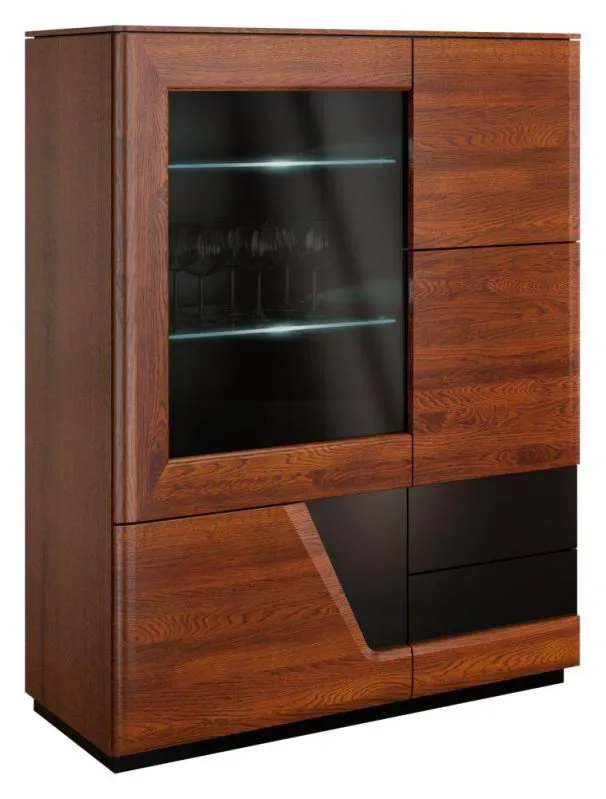 Wohnzimmerschrank, Vitrine, 102 cm breit, teilmassiv, Farbe: Walnuss / Schwarz Abbildung