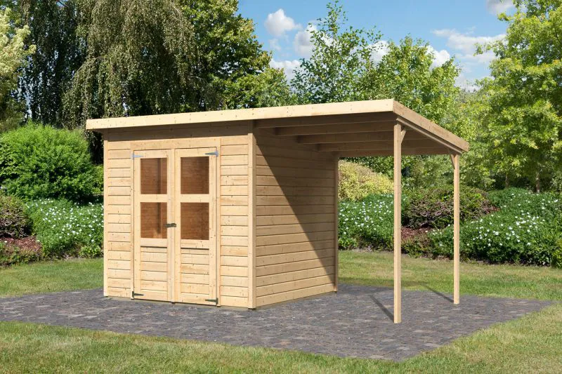 Gartenhaus SET naturbelassen mit Anbaudach, Grundfläche: 4,39m²