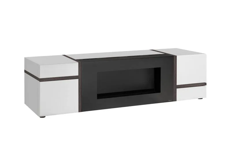 TV-Unterschrank | Push-to-open Funktion | Farbe: Weiß Hochglanz / Grau | Bio-Ethanol Kamin | Maße: 150 x 50 x 42 cm | 2 Fächer | für Wohnzimmer