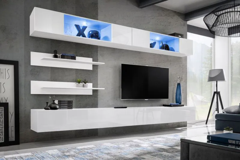 Wohnzimmer Wohnwand Hompland 93, Farbe: Weiß - Abmessungen: 180 x 320 x 40 cm (H x B x T), mit blauer LED-Beleuchtung