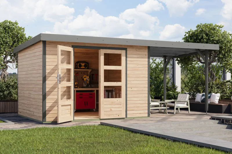 Holz Gartenhaus Anbaudach naturbelassen/graualuminium – Trapezblech-Pultdach, Zylinderschloss Doppelflügeltür, metallverstärkte-Ecken, 2,98 × 2,42m