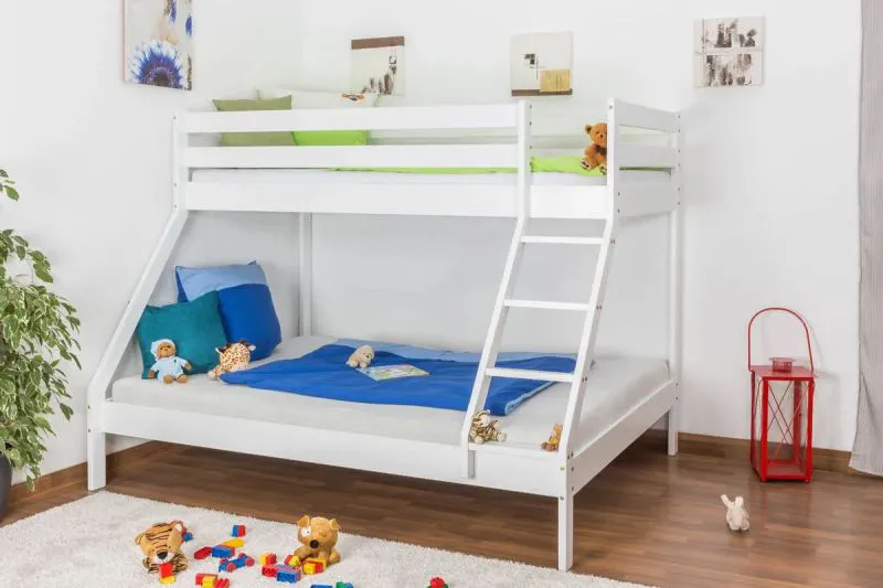 Etagenbett / Spielbett SET mit Matratzen | Buche massiv | weiß lackiert | mit schräger Leiter | inkl. Rollrost | inkl. Bonell Federkern Matratzen