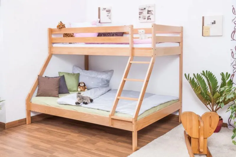 Etagenbett / Spielbett SET mit Matratzen | Buche massiv Natur | inkl. Bonell Federkern Matratzen | mit schräger Leiter | inkl Rollrost