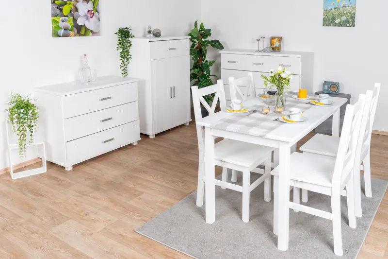 Esszimmer Komplett - Set A Columba, in Weiß, 8-teilig, aus Kiefernholz, Massivholz, Landhausstil, 3 unterschiedliche Kommoden, Tisch, 4 Stühle