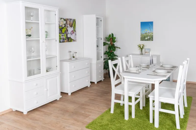 Elegantes Esszimmer Komplett - Set B Junco, 9-teilig, in Weiß, Kiefernholz, Massivholz, Landhausstil, robust und stabil, 4 Stühle, Tisch 75 x 130 cm