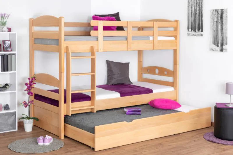 Stockbett für Erwachsene "Easy Premium Line" K18/h inkl. Liegeplatz und 2 Abdeckblenden, Kopfteil mit Löchern, Buche Vollholz massiv Natur - Liegefläche: 90 x 200 cm, teilbar