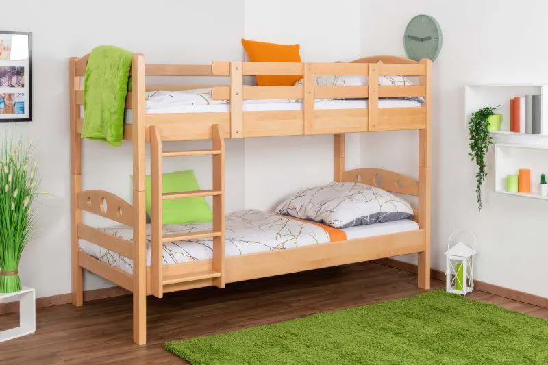Stockbett für Erwachsene "Easy Premium Line" K19/n, Kopf- und Fußteil mit Löchern, Buche Vollholz massiv Natur - 90 x 200 cm (B x L), teilbar