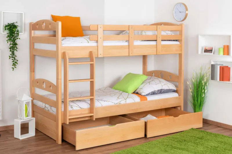 Stockbett für Erwachsene "Easy Premium Line" K19/n inkl. 2 Schubladen und 2 Abdeckblenden, Kopf- und Fußteil mit Löchern, Buche Vollholz massiv Natur - 90 x 200 cm (B x L), teilbar