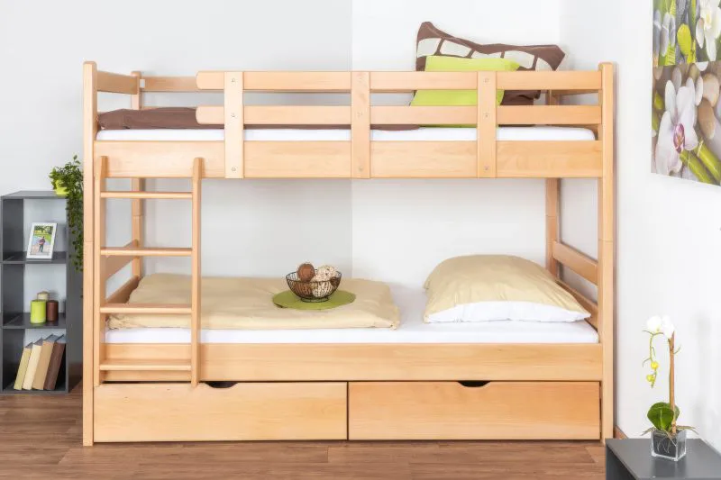 Etagenbett für Erwachsene "Easy Premium Line" K20/n inkl. 2 Schubladen und 2 Abdeckblenden, Kopf- und Fußteil gerade, Buche Vollholz massiv Natur - Liegefläche: 90 x 200 cm, teilbar