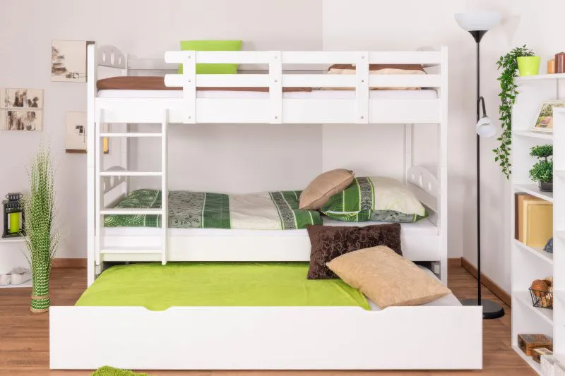 Etagenbett für Erwachsene "Easy Premium Line" K19/h inkl. Liegeplatz und 2 Abdeckblenden, Kopf- und Fußteil mit Löchern, Buche Vollholz massiv Weiß - 90 x 200 cm (B x L), teilbar