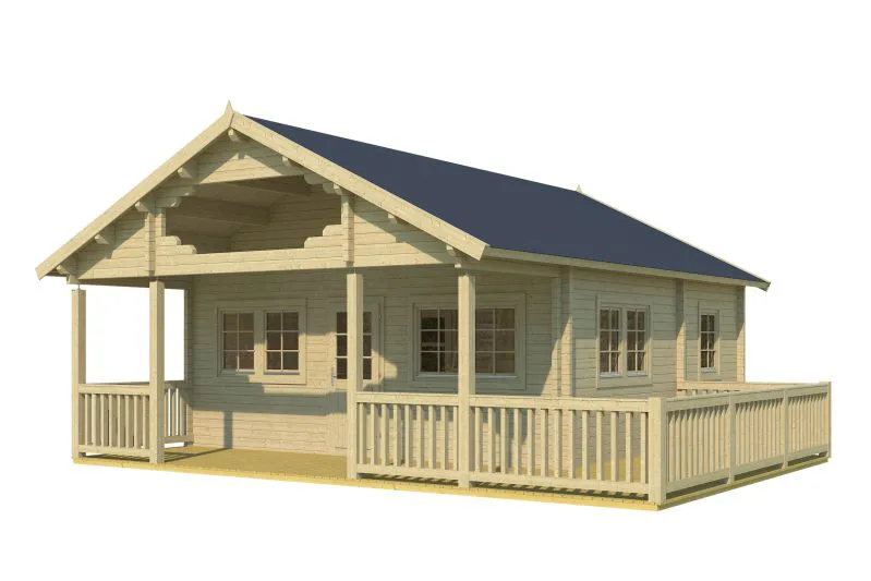 Ferienhaus / Gartenhaus mit Schlafboden & Terrasse, inkl. Fußboden, aus nordischen Fichtenholz, 70 mm Blockbohlenhaus, Grundfläche: 55,3 m², Außenmaße: 595 x 595 cm, Satteldach
