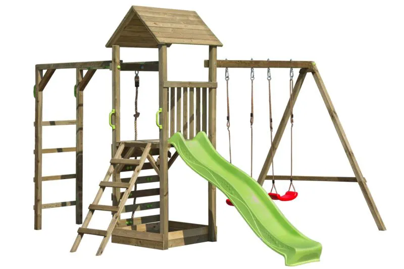 Spielturm S29C, inkl. Wellenrutsche, Doppelschaukel-Anbau, Sandkasten, Kletterwand, Kletteranbau und Kletterseil, 359 x 422 cm, Kinderspielturm, Kletterturm