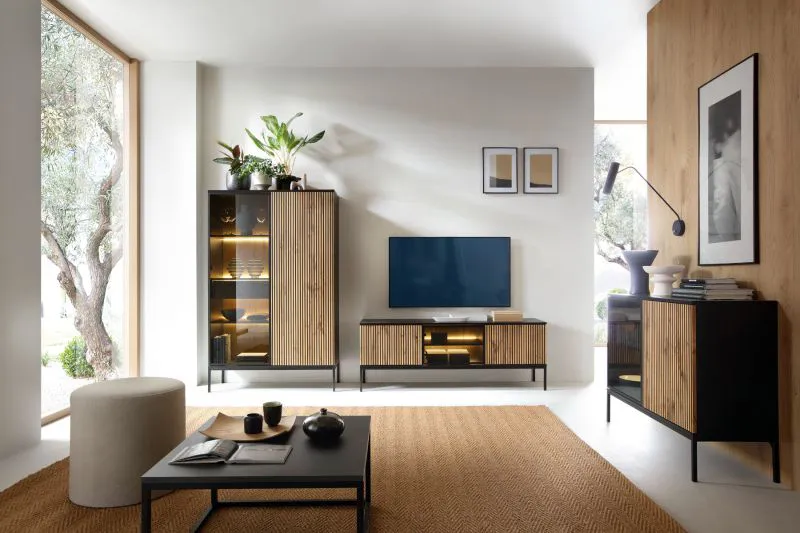 Wohnzimmer - Set A Chelmsford, 3-teilig, Farbe: Schwarz / Eiche