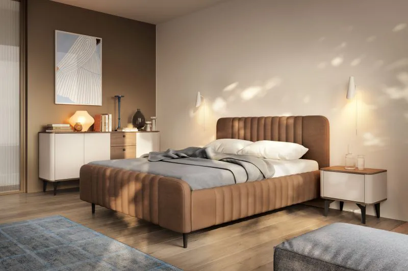 Schlafzimmer Komplett-Set F Belladere | 3-teilig | Nuss/Kaschmir/Braun | Einzelbett inkl. Lattenrost | Liegefläche 140 x 200 cm | 1 Nachtkommode | 1 Kommode