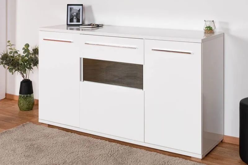 Kommode Garim 3, Farbe: Weiß Hochglanz - 85 x 150 x 45 cm (H x B x T)