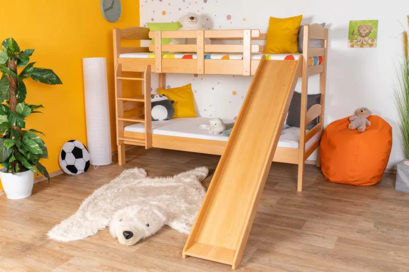 Stockbett mit Rutsche 80 x 200 cm, Buche Massivholz Natur lackiert, umbaubar in zwei Einzelbetten, "Easy Premium Line" K29/n