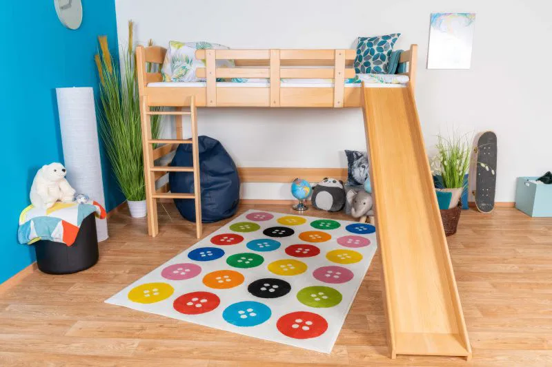 Hochbett mit Rutsche 90 x 200 cm, Buche Massivholz Natur lackiert, umbaubar, "Easy Premium Line" K30/n