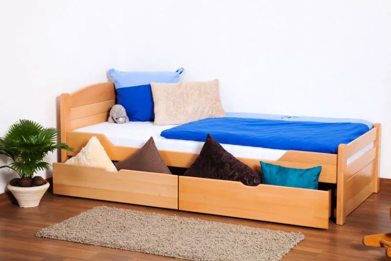 Kinderbett 90 x 200 cm | Massivholz: Buche | Natur Lackiert | inkl. 2 Schubladen und Lattenrost Abbildung