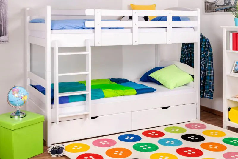 Funktions-Etagenbett 90 x 200 cm mit 2 Schubladen als Stauraum | Massivholz: Buche | Weiß Lackiert | umbaubar in zwei Einzelbetten | Premium-Qualität | inkl. Rollroste Abbildung