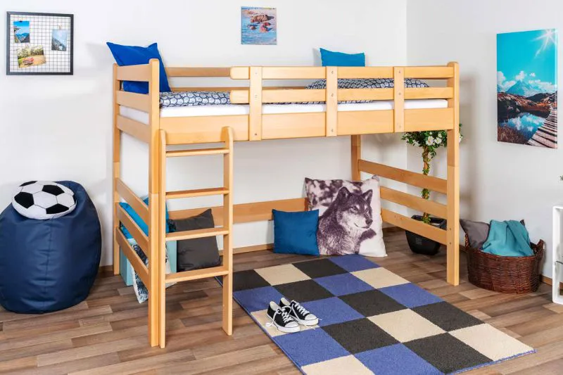 Hochbett 120 x 190 cm | Massivholz: Buche | Natur Lackiert | umbaubar in Einzelbett | Premium-Qualität | inkl. Rollrost Abbildung