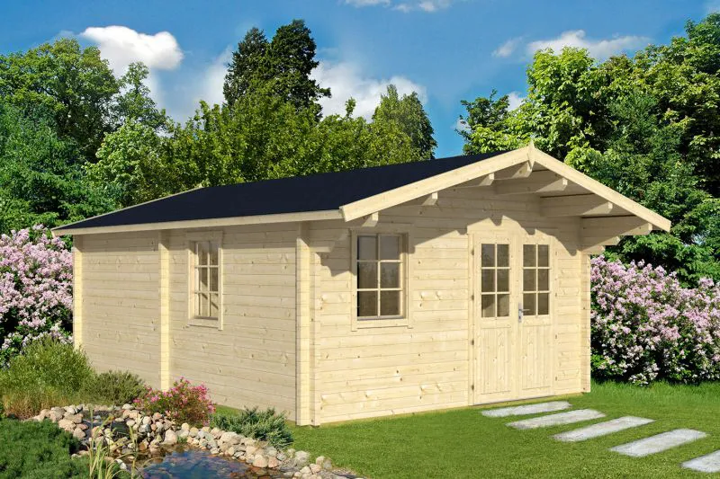 Holz-Gartenhaus 6,95 x 4,9 Meter (inkl. Dach) | 5 Fenster | 70 mm Blockbohlen |natur unbehandelt | Satteldach | inkl. Fußboden | aus nordischer Fichte Abbildung