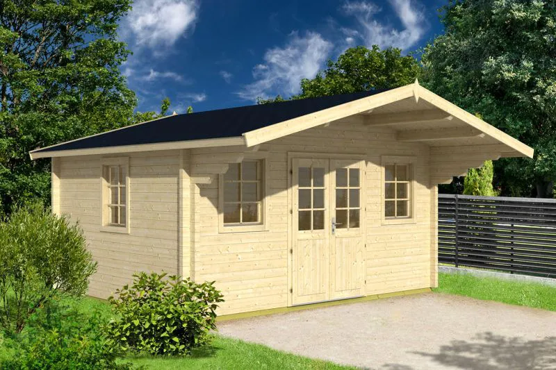 Holz-Gartenhaus 5,9 x 5,24 Meter (inkl. Dach) | 3 Fenster | 70 mm Blockbohlen |natur unbehandelt | Satteldach | inkl. Fußboden | aus nordischer Fichte Abbildung