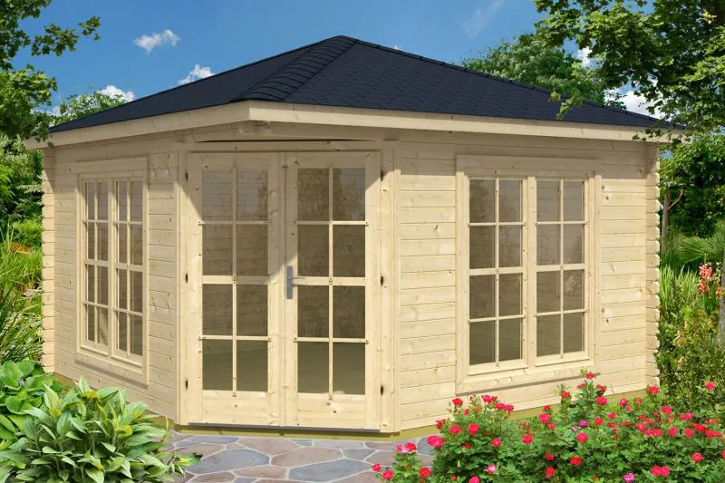 Holz-Gartenhaus 4,2 x 4,2 Meter (inkl. Dach) | 2 Fenster | 40 mm Blockbohlen |natur unbehandelt | Zeltdach | inkl. Fußboden | aus nordischer Fichte Abbildung