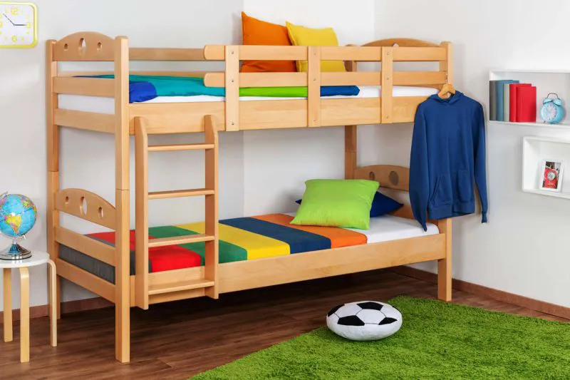 Massivholz Stockbett für Kinder und Jugendliche | Matratzenmaß: 90 x 200 cm | Natur Lackiert | umbaubar in 2 Einzelbetten | Premium-Qualität | inkl. Rollroste Abbildung