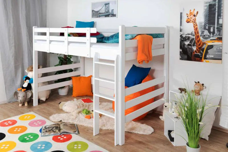 Hochbett für Jugendliche 120 x 190 cm | Massivholz: Buche | Weiß Lackiert | umbaubar in Einzelbett | Premium-Qualität | inkl. Rollrost Abbildung