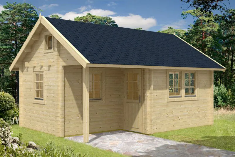 Holz-Gartenhaus 6,1 x 4,94 Meter (inkl. Dach) | 6 Fenster | 70 mm Blockbohlen |natur unbehandelt | Satteldach | inkl. Fußboden | aus nordischer Fichte Abbildung