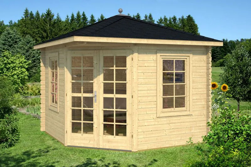Holz-Gartenhaus 3,2 x 3,2 Meter (inkl. Dach) | 2 Fenster | 28 mm Blockbohlen |natur unbehandelt | Zeltdach | inkl. Fußboden | aus nordischer Fichte Abbildung