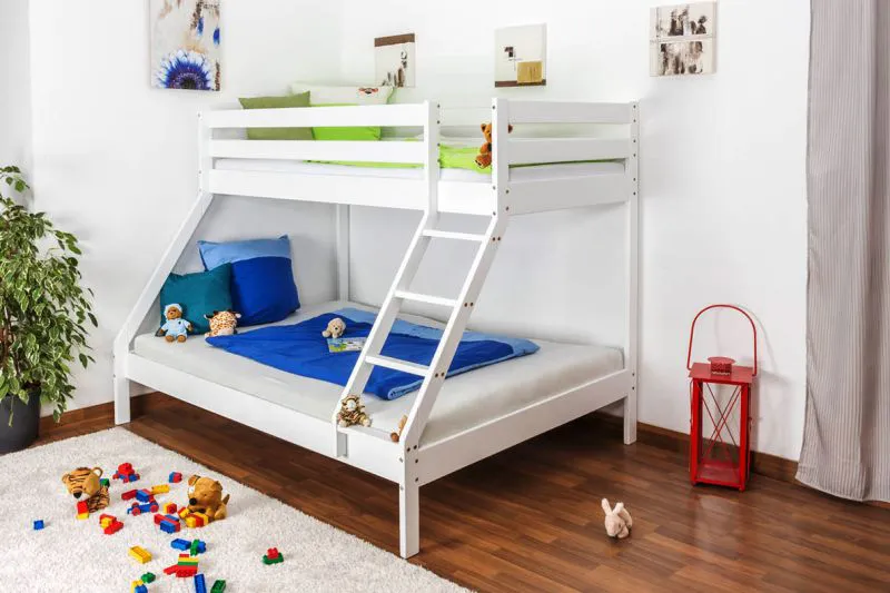 Etagenbett für bis zu drei Kinder | unten 140x200 cm, oben 90x200 cm| Buche massiv | weiß lackiert | inkl. Rollroste Abbildung