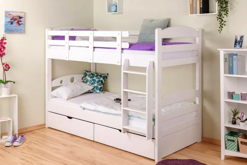 Massivholz Etagenbett für Kinder und Jugendliche | inkl. 2 Schubkästen | Matratzenmaß: 90 x 200 cm | Weiß Lackiert | umbaubar in 2 Einzelbetten | Premium-Qualität | inkl. Rollroste Abbildung