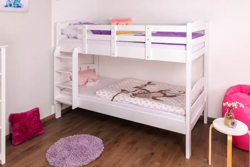 Stockbett 90 x 200 cm | Massivholz: Buche | Weiß Lackiert | umbaubar in zwei Einzelbetten | Premium-Qualität | inkl. Rollroste Abbildung