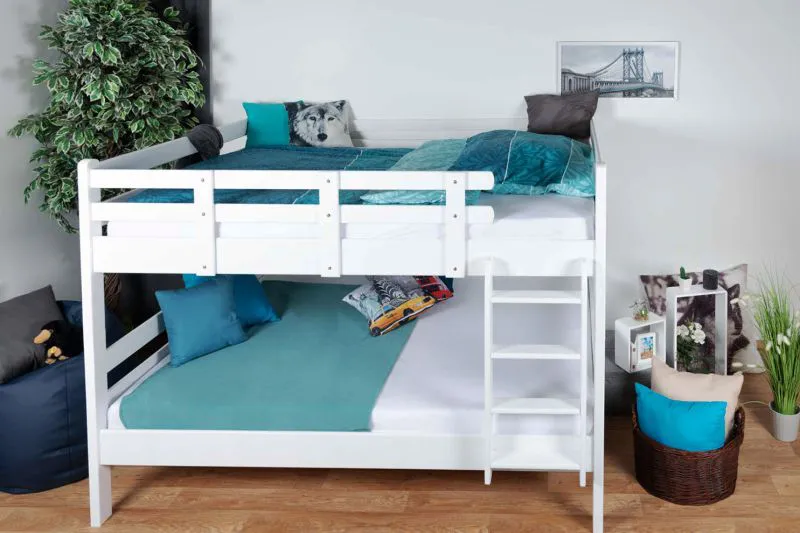 Breites Jugendstockbett 160 x 200 cm für bis zu 4 Personen | Massivholz: Buche | Weiß Lackiert | umbaubar in 2 Einzelbetten | inkl. Rollroste Abbildung