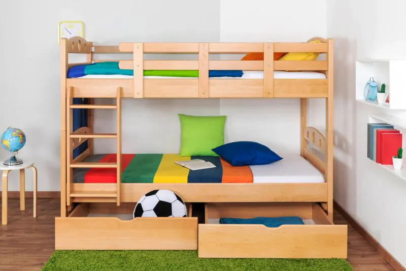 Massivholz Stockbett inkl. Stauraum für Kinder und Jugendliche | inkl. 2 Schubladen | Matratzenmaß: 90 x 200 cm | Natur Lackiert | umbaubar in 2 Einzelbetten | Premium-Qualität | inkl. Rollroste Abbildung