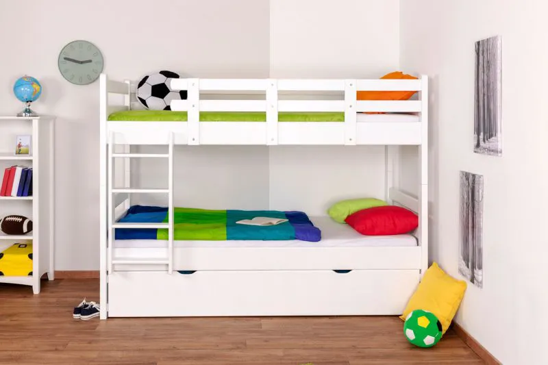 Massivholz Stockbett inkl. Rollbett/Ausziehbett/Stauraum für Kinder und Jugendliche | Matratzenmaß: 90 x 200 cm | Weiß Lackiert | umbaubar in 2 Einzelbetten | mit Rollbett | inkl. Rollroste Abbildung