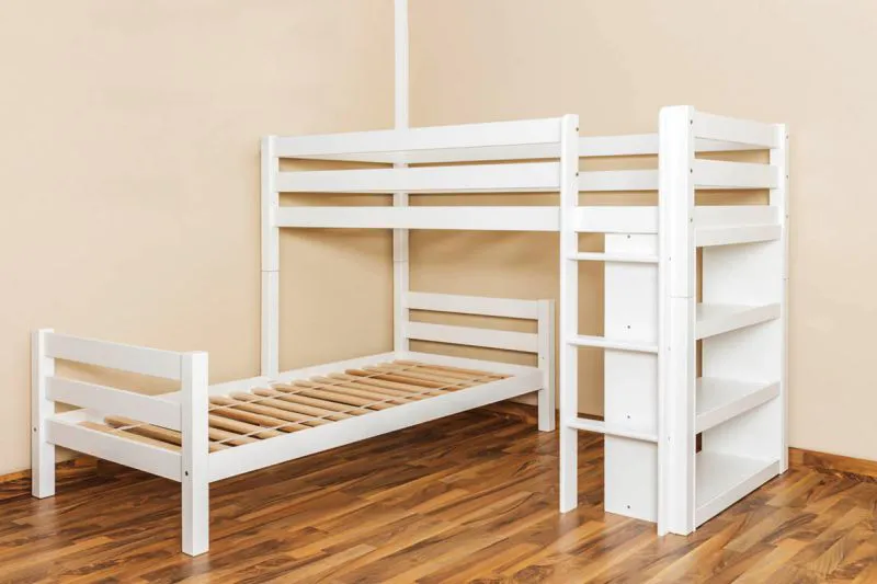 Doppelstockbett L-Form 90 x 200 cm (teilbar) | Buche Massivholz | weiß lackiert | mit Regal | inkl. Rollrost | umbaubar in Einzelbetten Abbildung