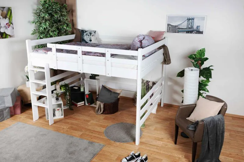 Hochbett für Jugendliche 160 x 200 cm | Massivholz: Buche | Weiß Lackiert | umbaubar in Einzelbett | Premium-Qualität | inkl. Rollrost Abbildung