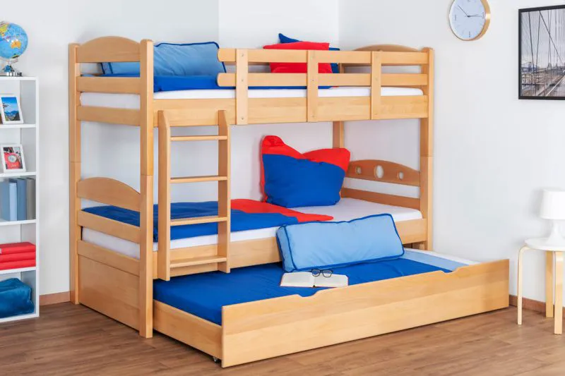 Kinderzimmer-Etagenbett 90 x 200 cm + Bettkasten/Stauraum/Ausziehbett | Massivholz: Buche | Natur Lackiert | umbaubar/teilbar in 2 Einzelbetten | inkl. Rollroste Abbildung
