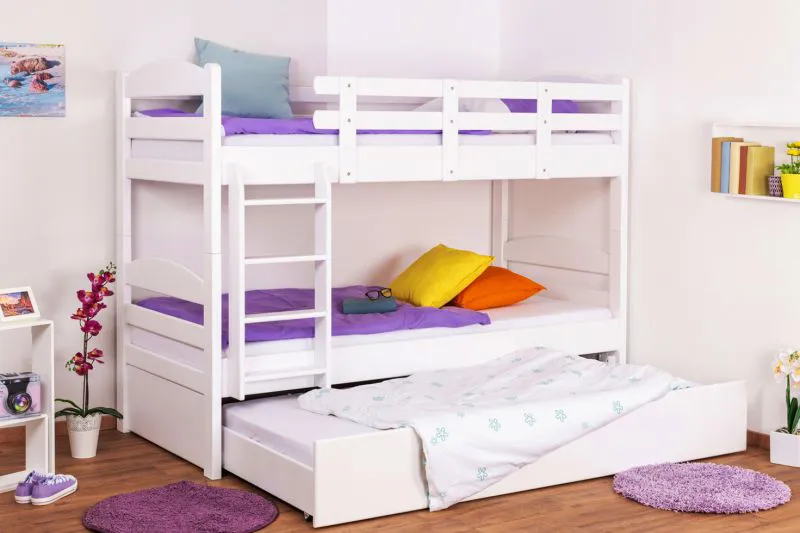 90 x 200 cm Kinderetagenbett inkl. Bettkasten als 3. Liegefläche | Massivholz: Buche | Weiß Lackiert | umbaubar in 2 Einzelbetten | Bettkasten als Stauraum oder Liegefläche | inkl. Rollroste Abbildung