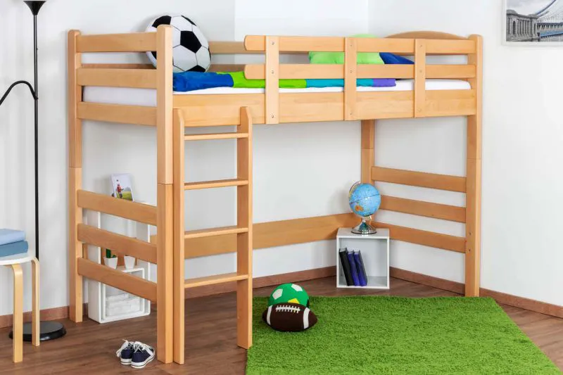 Umbaubares Kinderhochbett 90 x 200 cm | Massivholz: Buche | Natur Lackiert | umbaubar in Einzelbett | inkl. Rollrost Abbildung