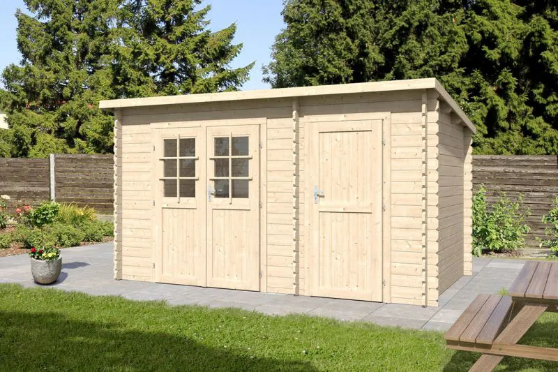 Holz-Gartenhaus 3,91 x 3,8 Meter (inkl. Dach) | Naturbelassen | Pultdach | 28 mm Blockbohlen-Haus Abbildung
