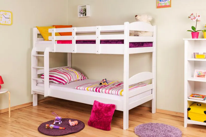 Etagenbett fürs Kinderzimmer 90 x 200 cm | Massivholz: Buche | Weiß Lackiert | umbaubar in 2 Einzelbetten | Premium-Qualität | inkl. Rollroste Abbildung
