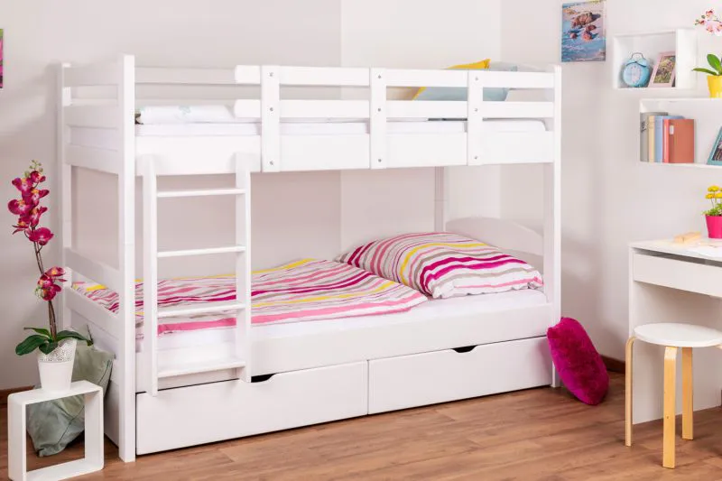Kinderetagenbett inkl. Stauraum (2 Schubkästen) | 90 x 200 cm | Massivholz: Buche | Weiß Lackiert | umbaubar in 2 Einzelbetten | Premium-Qualität | inkl. Rollroste Abbildung