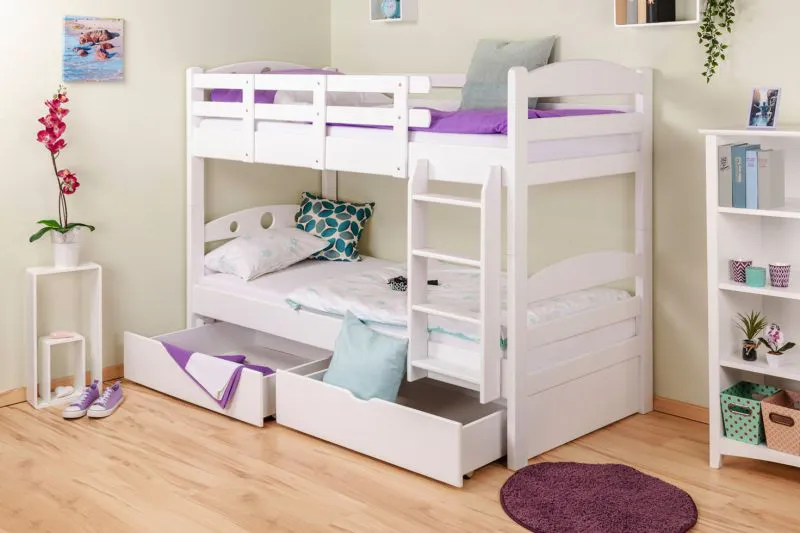 Kinderstockbett inkl. Stauraum (2 Schubladen) | 90 x 200 cm | Massivholz: Buche | Weiß Lackiert | umbaubar in 2 Einzelbetten | Premium-Qualität | inkl. Rollroste Abbildung