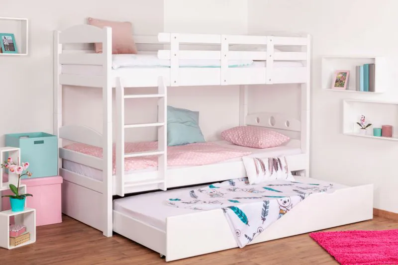 Jugendstockbett 90 x 200 cm + Bettkasten/Stauraum/Ausziehbett | Massivholz: Buche | Weiß Lackiert | umbaubar/teilbar in 2 Einzelbetten | inkl. Rollroste Abbildung