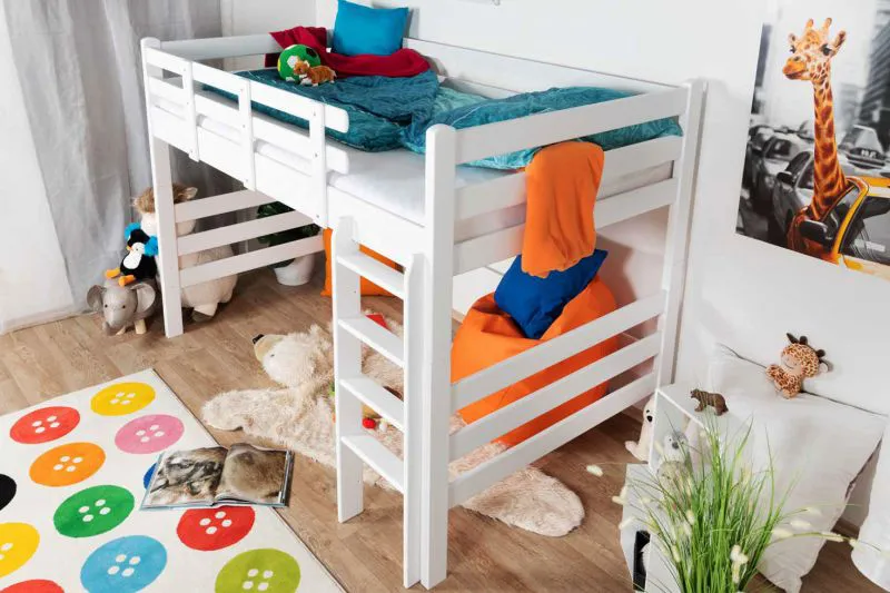 Kinderhochbett 120 x 190 cm | Massivholz: Buche | Weiß Lackiert | umbaubar in Einzelbett | Premium-Qualität | inkl. Rollrost Abbildung
